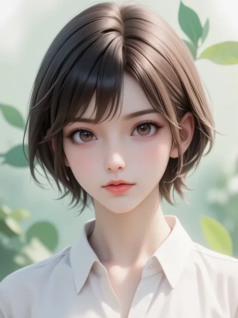 A person is depicted in the image with short, sleek dark brown hair that falls gently over the ears. The individual wears a white collared shirt, which adds a formal or school-like appearance. The background features a soft gradient of green hues, giving i...