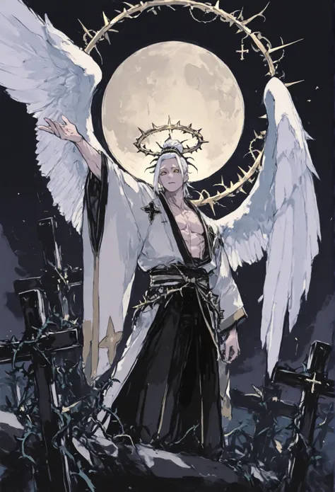 1boy, four large white wings, white hair long in a bun, wearing traditional Japanese kimonos, eyes golden with cross pupils shape. A golden halo on top of his head, in a open arm position, tall, black gates, thorns surrounding it, moon, lean muscular frame...