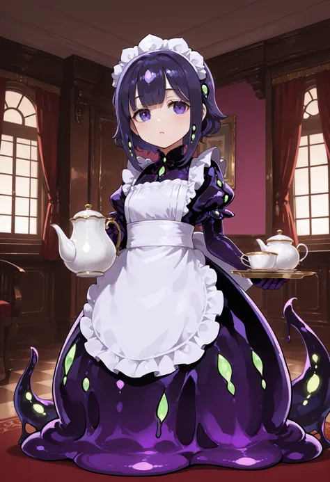 Shoggoth girl. Slime maid outfit. Black-purple costume. Biological glow. Symbiote slime. Tentacles. Holding a teapot. Tea party. Indoors.
