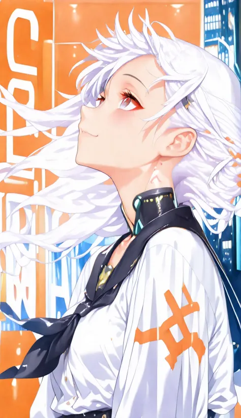 Cyberpunk city neon streets , work of art , LED paths in every corner , (((a girl in profile holding the side of her hair , white hair moving delicately with the wind , calm smile , gentle expression of peace , looking slightly upward))) , the street has g...