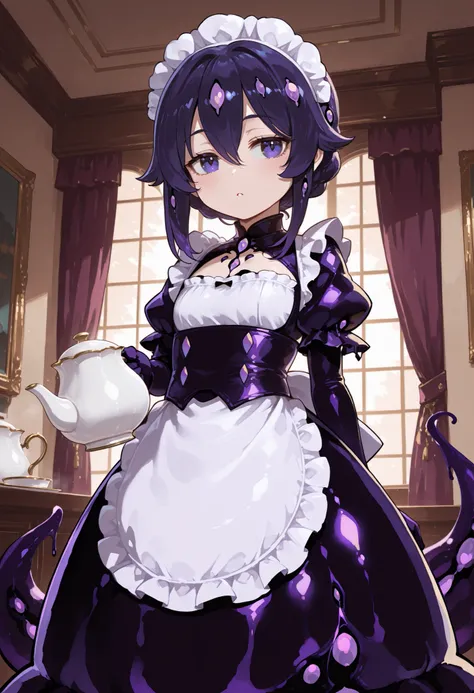 Shoggoth girl. Slime maid outfit. Black-purple costume. Biological glow. Symbiote slime. Tentacles. Holding a teapot. Tea party. Indoors.