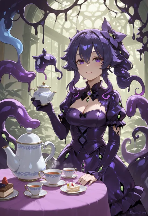 Shoggoth girl. Slime maid outfit. Black-purple costume. Biological glow. Symbiote slime. Tentacles. Holding a teapot. Tea party. Indoors.