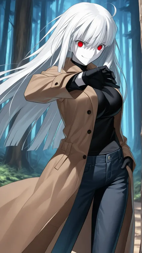 absurdres, (((Ultra HD))), (((Ultra High Quality))), ((hyper detailed)), ((Ultra High Resolution)), (Highly rendered), ((detailed eyes)), (((8K))), ((perfect face)), ((masterpiece)), cinematic, solo, 1girl, thin, tall, pale skin, smirk, white hair, red eye...