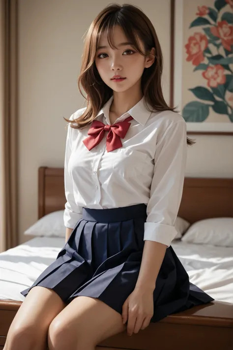 Brown-haired Japanese woman in schoolgirl uniform、Luxury Resort Hotel Rooms、Medium Breasts、sensual look、Ecstasy、Sexy Poses