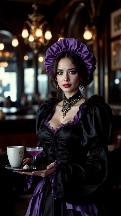Harajuku Fashion. portrait by Bettina Rheims of a Harajuku Fashion model, beauty charming brunette radiating confidence, holding a drinks tray, dressed in a complex black and purple maid outfit. The background is a dark cafe in the Art Nouveau style. award...