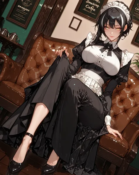 1girl, seductive smile, maid outfit, black hair, short, white streaked hair, yellow eyes, cafe background, seductive pose, full body, dutch angle, looking at viewer, masterpiece, best quality, high quality, amazing quality, very aesthetic, absurdres, newes...