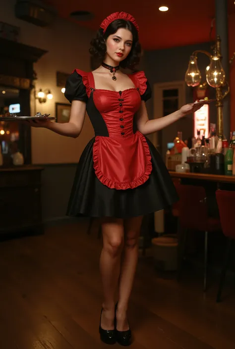Full-length portrait in the style of Bettina Rheims, psychobilly model with an impressive stature and charming presence,  holding a beverage tray , with radiant confidence in a complex black and red psychobilly maid outfit, 35-award winning aesthetic, High...
