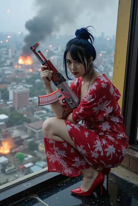A hyper-realistic female ninja crouches at the edge of a skyscraper rooftop in Jakarta during a raging storm. Torrential rain pours over her soaked floral daster clinging to her body, paired with glossy red high heels. Her grip is tight on a blood-red AKM ...