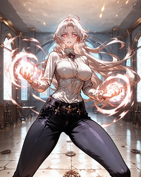 (SuperQuality:1.0) ~ (SuperQuality:1.2), detailxl, 1girl, High Resolution, Best Quality, High Details, Super Detailed, detailed background, indoors, medieval training ground, YurnethSyd, pale red eyes, white hair, long hair, white shirt, pants, training, s...