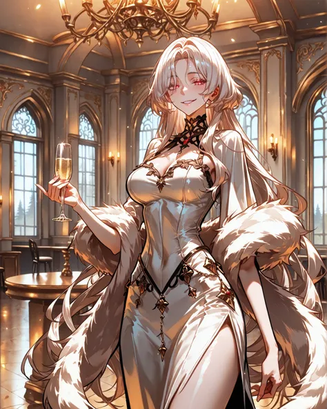 (SuperQuality:1.0) ~ (SuperQuality:1.2), detailxl, 1girl, High Resolution, Best Quality, High Details, Super Detailed, detailed background, indoors, medieval ballroom, YurnethSyd, pale red eyes, white hair, long hair, dress, fur scarf, medium breasts, sedu...