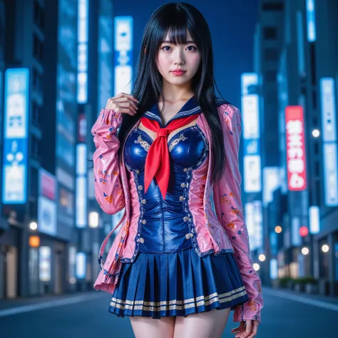 Super Detailed, masterpiece, Ultra High Definition,, High Quality, Photographic Clarity, (latex blue purple pink orange red rubber costume), (Costume that combines a sailor suit:1.10), (A costume that is very tight and is designed to accentuate the bust:1....