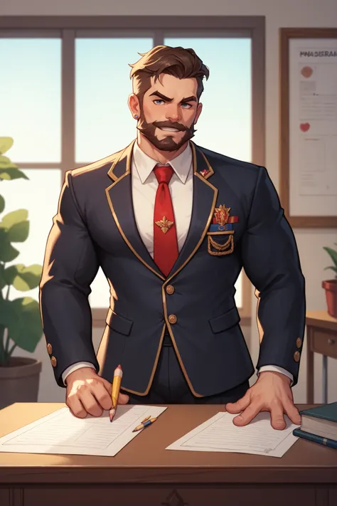 handsome, 30-something year old gentleman with a beard, dressed in headmasters uniform, standing behind a desk, eyebrow raised. In both hands he is holding a flexible rattan cane, the sort traditionally used for corporal punishment. The cane is as thick as...