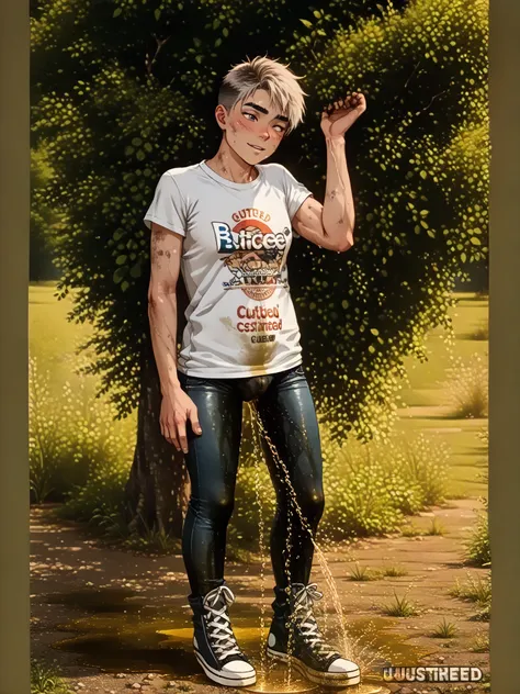 Slim sporty boy 1boy, wearing t-shirt, (a pair of black washed skin tight leggings jeans:1.8), converse (white dirty knee high laced up sneakers x-hi1.5), (legs spread, medium length), (front view), (peeing self:1.8), (peeing:1.8) (dynamic angle, sitting p...