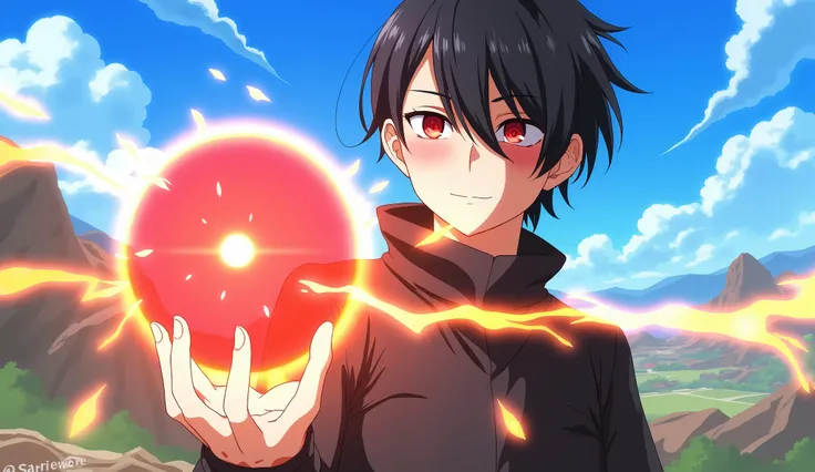 A powerful anime protagonist with black hair and red eyes holding a glowing red energy orb in his hand, lightning crackling around him, wearing a dark high-collar outfit, standing in a colorful battlefield, cinematic lighting, ultra detailed, anime style, ...