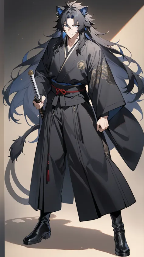 A full-body depiction of a male character with long, wavy black hair and striking blue eyes. He has black lion ears and a black lion tail, wearing piercings and dressed in a black traditional Japanese outfit. He completes his look with black boots. He is s...