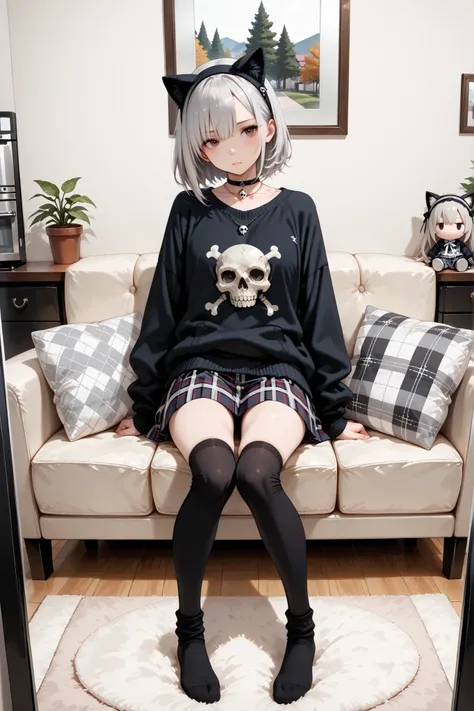 1girl, short silver hair with cat ears headband, black oversized sweater with white graphic print of a doll, plaid skirt underneath, black knee-high socks with skull designs, choker necklace, casual street style, BREAK, modern living room with gray couch a...
