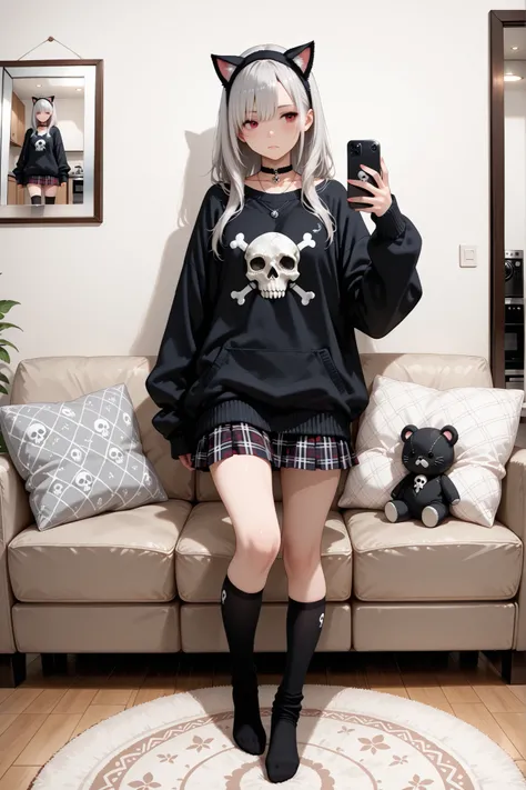 1girl, short silver hair with cat ears headband, black oversized sweater with white graphic print of a doll, plaid skirt underneath, black knee-high socks with skull designs, choker necklace, casual street style, BREAK, modern living room with gray couch a...