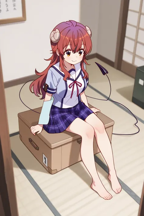 yoshida yuuko \(machikado mazoku\),brown eyes,red hair,long hair, ahoge, horns,demon tail,school uniform,sailor collar,blue shirt,whit shirt,neck ribbon,short sleeves, plaid skirt, black ,barefoot,段ボール箱の上に座っている、smile、畳を敷いたアパートの部屋