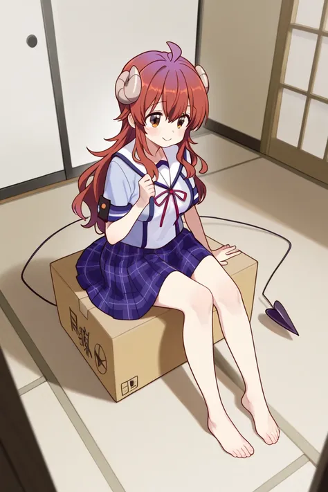 yoshida yuuko \(machikado mazoku\),brown eyes,red hair,long hair, ahoge, horns,demon tail,school uniform,sailor collar,blue shirt,whit shirt,neck ribbon,short sleeves, plaid skirt, black ,barefoot,sit on a cardboard box、smile、畳を敷いたアパートの部屋