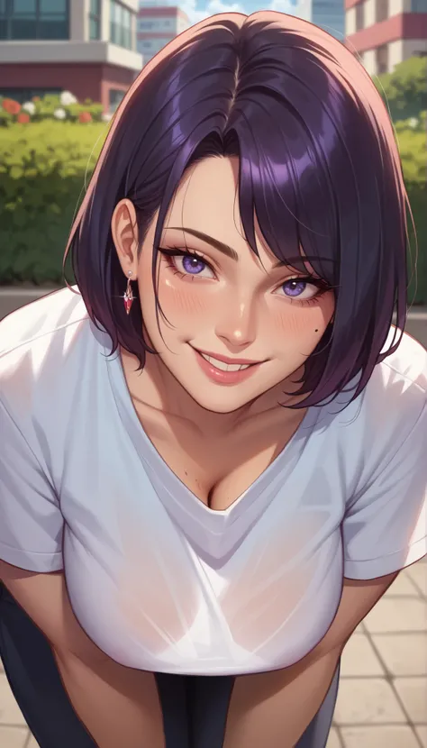 (Best quality, 8k, 32k, Masterpiece, UHD:1.2),Photo of Pretty Japanese woman,black short hair,beauty face,(leaning forward:1.3),squatting,(from above:1.2),(close up:1.4),pov,,looking at another,smile, loose t-shirt,large breasts,beautiful nipple slip,outdo...