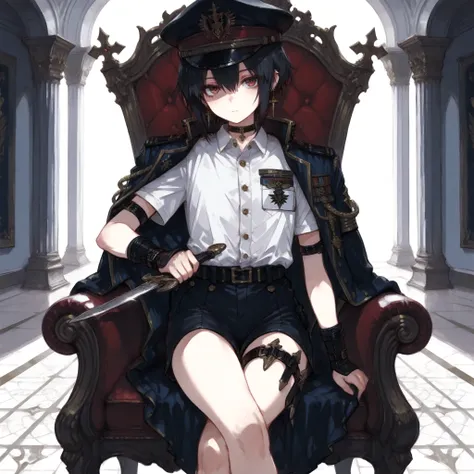 ((Best Quality)), ((masterpieces)), (detailed), Perfect Face, SOLO, ((femboy)), tomgirl, ANIME, beautiful detailed eyes, BOB hair, BOBed hair, black hair, RED EYES, BARE thighs, (((BARE LEG))), ((BLACK short pants)), (((dress shirt))), ((Flat chest)), Chok...
