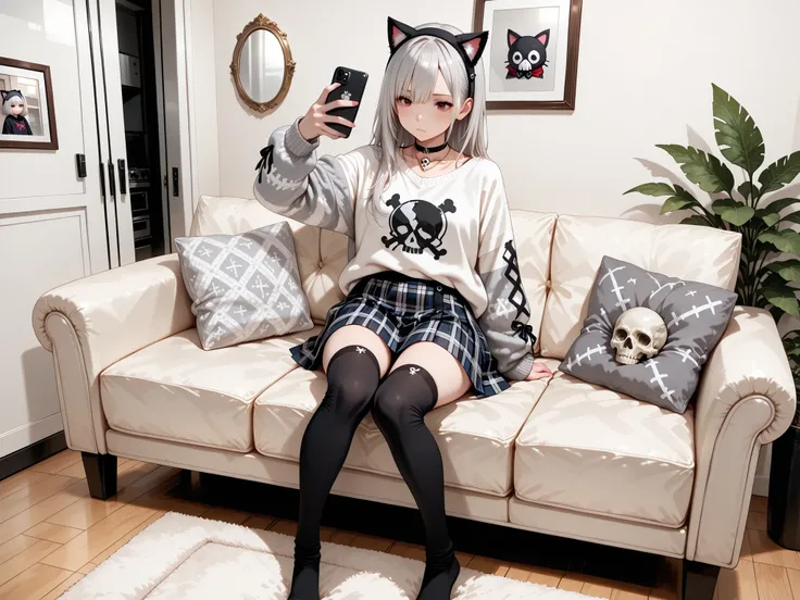 1girl, short silver hair with cat ears headband, black oversized sweater with white graphic print of a doll, plaid skirt underneath, black knee-high socks with skull designs, choker necklace, casual street style, BREAK, modern living room with gray couch a...