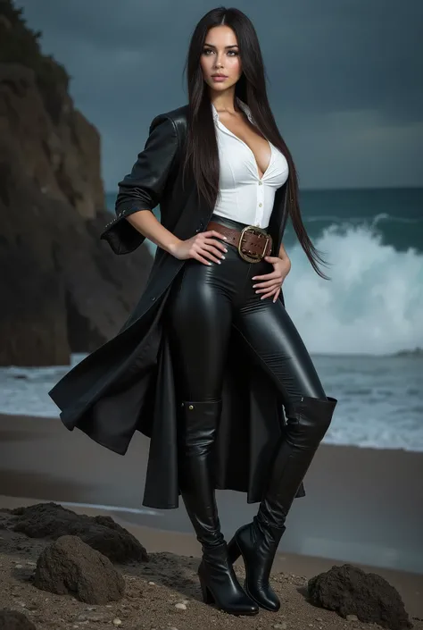 full body back side sexy beautiful aristocratic sensual pirate woman, belly braided black hair, white shirt, black leather short jacket, black leather pants, wide brown belt, black high boots, standing on the rocky shore of the beach warrior pose sensual c...