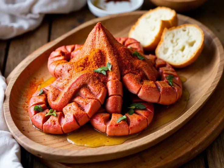 A beautifully plated traditional Galician dish — pulpo a la gallega served on a wooden plate with paprika, sea salt, and olive oil, with rustic bread on the side. Natural lighting, wooden table background, high detail, 4:3 aspect ratio.
