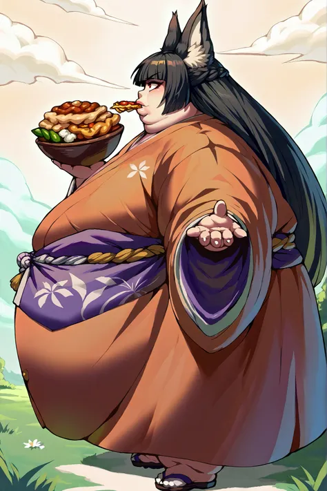 Girl becoming a monster, becoming a troll, fat, chubby, obese, kimono, score_9, score_8_up, score_7_up, source_anime BREAK 1girl, solo, hoshimi, red eyes, black hair, very long hair, blunt bangs, braid, fox ears, big ears, big nose, big lips, 900 pounds, 1...