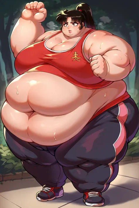 score_9, score_8_up, score_7_up, source_anime, inuyashasango, sango, long hair, black hair, brown eyes, ponytail, tank top, black sweatpants, shoes, giant hands, giant feet, fat, chubby, obese, gigantic arms and legs, gigantic breasts, sagging breasts, ful...