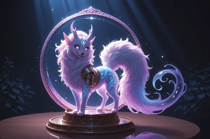 The spirit is seated on the table. A beautiful darling with a sharp smile, has pointed ears and a long fluffy tail, the same spirit in the round shape, has beautiful mirror-like eyes and thin mustaches on her face, translucent creature,  floats in the air ...