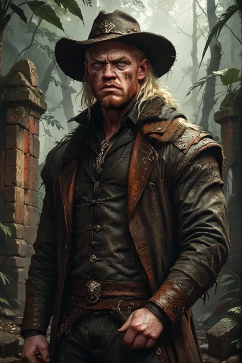 Massive and rough man who looks like the Undertaker. Horror look. His eyes are red and his skin is grey and scarred. He looks eerie. His eyes are mysteriously red. He is an albino. He is muscular. He wears a dirty and beaten-up leather coat. Background: me...