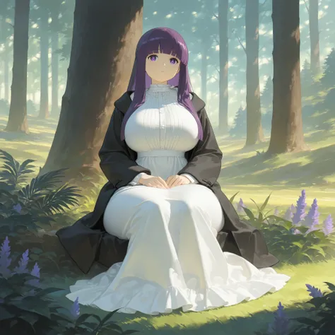 masterpiece, ultra-HD, impressionism, high detail, dynamic lighting, best quality, very aesthetic, 8k, best quality, beautiful, 1girl, solo, Fern, purple hair, long hair, purple eyes, bright pupils, blunt bangs, hime cut, huge breasts, narrow waist, wide h...