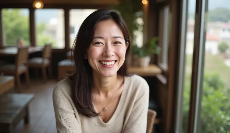 mature japanese woman, 48 years old, Super Real, high resolution, close-up, Cinematic Lighting, From the front、With a gentle smile、casual style that combines a beige knit and denim、Natural long hair that hangs over the shoulder。