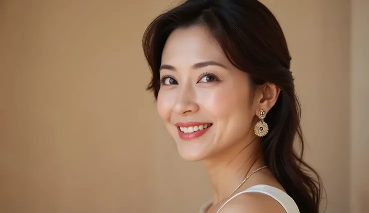 with soft, Hollywood-style wavy hair and elegant makeup、Stunning 48-year-old Japanese woman, features clear eyes and naturally shiny lips. 3/4 profile views, gently smiling. Warm natural light accentuates the contours of her face. The background is capture...