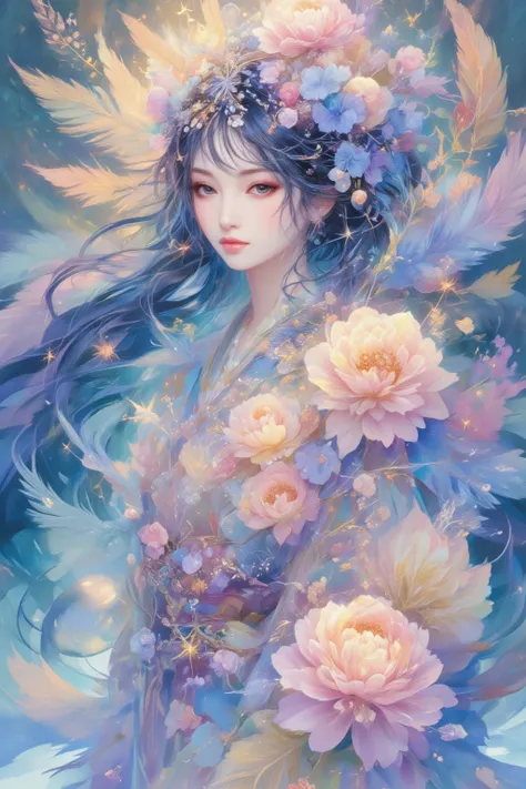 Elegant floral elements studded with sparkling details similar to stars and fairy dust、A woman wearing a beautiful and delicate kimono、Her hair flows like soft waves and blends seamlessly together。Extremely Beautiful Digital Art、artistic illustration、An enchanting dreamy composition、Ethereal atmosphere、based on soft pastel blue、pink and purple color scheme、Soft brushstrokes and a harmonious color palette。adds airiness and lightness to the composition。Sparkling feathers and flowers intertwine in a whimsical way、It creates a fantastic sense of femininity while drifting around her。Sparkling light accents reminiscent of twinkling stars and dew、watercolor background 、The overall effect is fantastic and evokes a sense of otherworldly serenity and wonder. Highest Quality、masterpiece、８ｋ、super definition