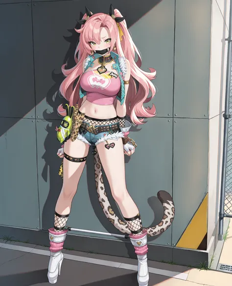 (Nicole_\(Zenless_Zone_Zero\)),full body,solo,long hair,yellow eyes,green eyes,pink hair,mole under eye,gloves,shorts,fingerless gloves,crop top,short shorts,(thigh stra,heart),midriff,belt,earrings,denim shorts,jacket,hair ornament,fishnet socks,very long...