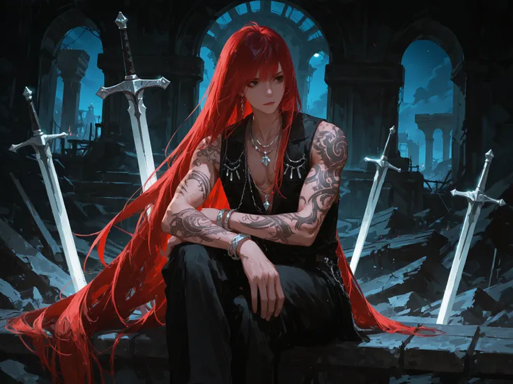 medium shot, front shot, makes an aesthetic, Master piece, Best Quality, ultra detailed, a handsome man, (man:1.6), solo, male absurdly long Hair, silky straight hair, male glowing dark red hair, beautiful black eyes, toned, male naked black vest with silv...