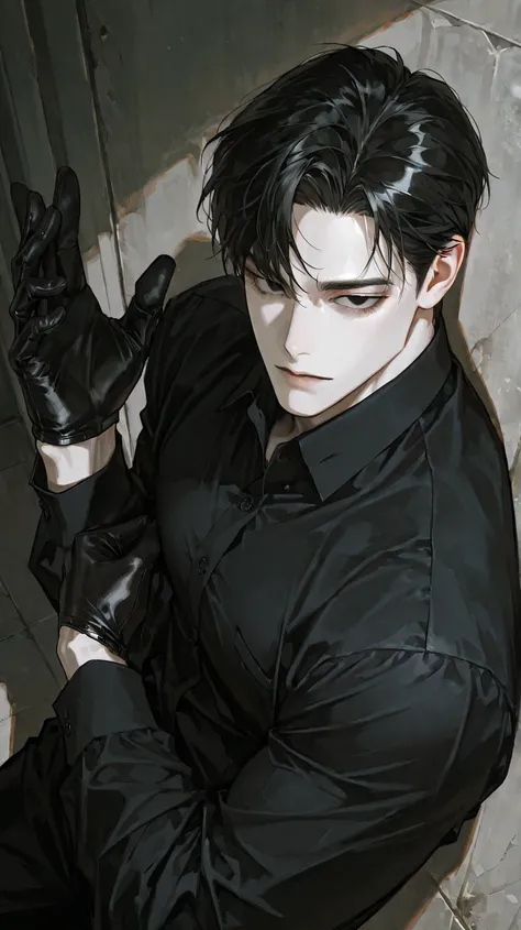 8k , 아름다운 masterpiece , 32 year old male , handsome , Messy Black Hair , short hair , 1 man , male-centered , handsome man , Thick painted , black eyes , Perfect Eyes , semi-realism art , semi-realism art style , masterpiece , top quality , amazing quality , Exquisite Details , very detailed , mature , alone , black formal shirt , black half gloves , Plain gloves , pale skin , dynamic angle , muscular , near , heavy body