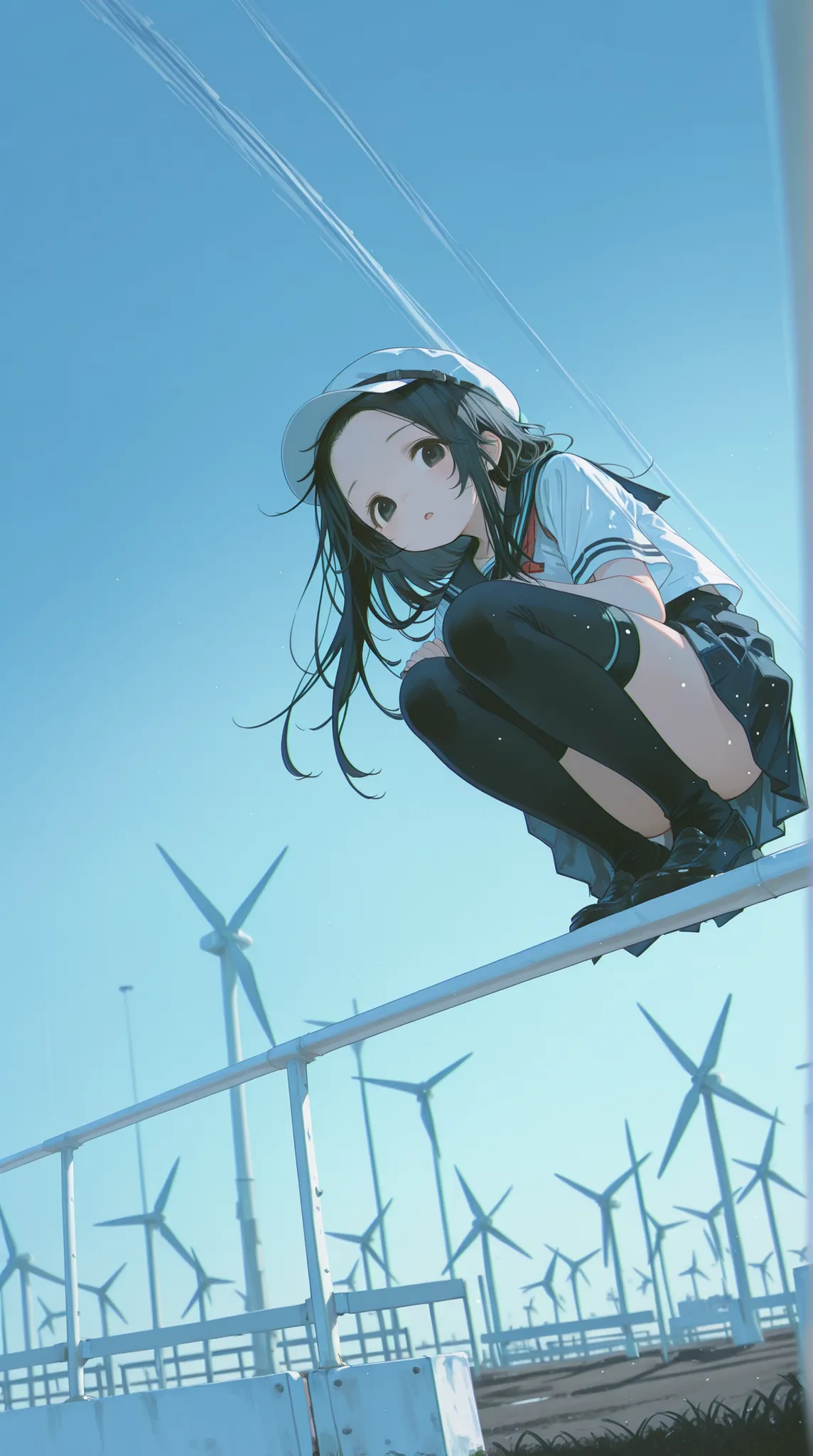 (solo, 1girl, black hair, black eyes, long hair, tareme, forehead, thighhighs),a290, school uniform, full body, wind farm background, open mouth, wind turbine, looking at viewer, contrail, cabbie hat, cinematic angle, from below, blue sky, squatting, leani...