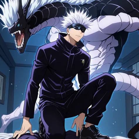  masterpiece, best quality, amazing quality, very aesthetic, high resolution, ultra-detailed, absurdres, source_anime,detailed,hyper detailed,insanely detailed,newest,official art,Flat color 
BREAK, (Gojou Satoru,  Jujutsu Kaisen, black blindfold, Jujutsu Kaisen uniform, white hair, short hair, cool, trained body, muscular, black jacked, black pants, black shoes) ,flying on a shadowdragon, purple and black shadowdragon