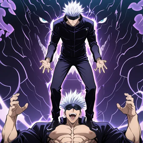  masterpiece, best quality, amazing quality, very aesthetic, high resolution, ultra-detailed, absurdres, source_anime,detailed,hyper detailed,insanely detailed,newest,official art,Flat color 
BREAK, (Gojou Satoru,  Jujutsu Kaisen, black blindfold, Jujutsu Kaisen uniform, white hair, short hair, cool, trained body, muscular, black jacked, black pants, black shoes) ,flying on a shadowdragon, purple and black shadowdragon