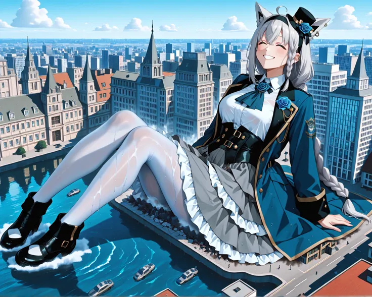 score_9, score_6_up, Source_Anime Break ONE GIRL, solo, Indoor, Chandelier, fubuki_elegant, braided ponytail, blue coat, Blue Ascot , collared shirt, gray skirt, frill skirt, white pantyhose, Clear Ear Cover, mini top hat, Headband, Blue Rose , 灰色の髪, ...