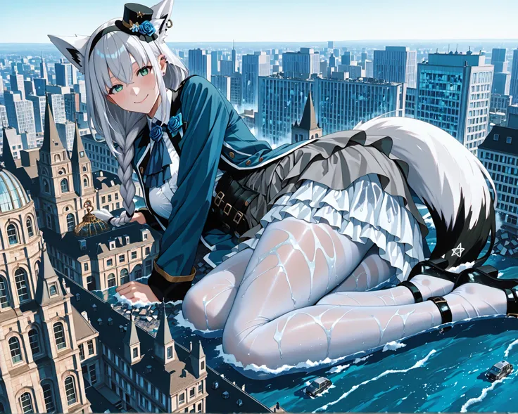 score_9, score_6_up, Source_Anime Break ONE GIRL, solo, Indoor, Chandelier, fubuki_elegant, braided ponytail, blue coat, Blue Ascot , collared shirt, gray skirt, frill skirt, white pantyhose, Clear Ear Cover, mini top hat, Headband, Blue Rose , 灰色の髪, ...