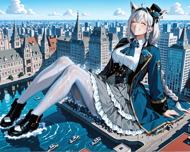 score_9, score_6_up, Source_Anime Break ONE GIRL, solo, Indoor, Chandelier, fubuki_elegant, braided ponytail, blue coat, Blue Ascot , collared shirt, gray skirt, frill skirt, white pantyhose, Clear Ear Cover, mini top hat, Headband, Blue Rose , 灰色の髪, ...