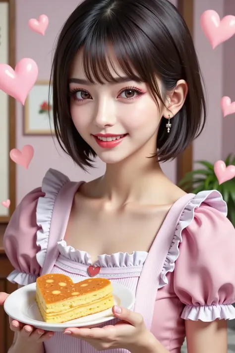 ((Full Body1.5)),maid cafe,, short short hair with both hands,long slant eyes,Foxy face,natural makeup, ((😄)),((has an omelette with a heart symbol written on it with ketchup)), ((空中ひ💕💓🩷💖))