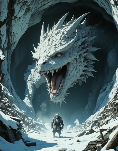 obra-prima, (Highest quality, create a high resolution,4k, 8k),(realista, photorealist: 1.5),Colossal White Dragon. Scenario: A Frozen Cave Full of Piles and Human Bones. The Dragon is roaring imposingly as it advances in front of you