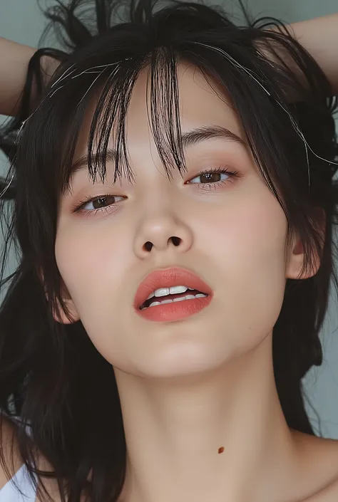 1 girl, Award Winning Photos, very detailed, edge orgasm with edge , focus on your face, ( woman opening her mouth and closing her eyes ), 23 years old, dark haired, shiny classroom skin, from below, Realistic nostrils, long narrow nasal ca...