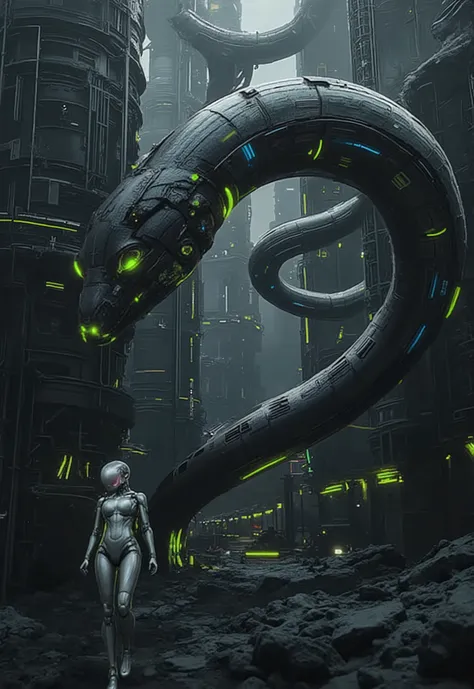 A towering mechanical AI python, its sleek, segmented metallic body glowing with blue and green energy lines, slithering beside a stunning female android. The massive robotic snake coils slightly as it moves, its glowing eyes scanning the path ahead. The f...