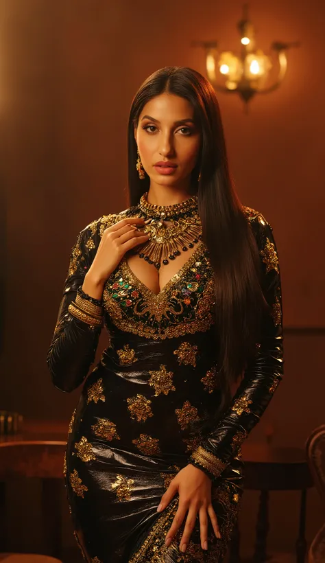 sexy photo of noraf, massive round breasts, straight hairs, shiny black latex tight kurti with golden embroidery, lots of jewellery, high pump heels, 8K, photorealistic, high quality, intricate details, dramatic lighting, warm golden tones, opulent indian ...